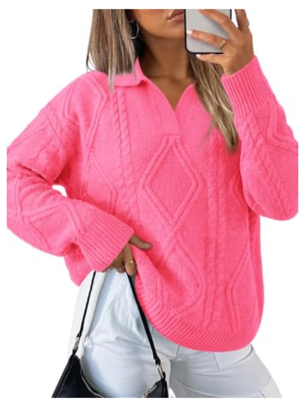 Women's Oversized Cable Knit Sweater Lapel V-Neck Pullover Fall Winter